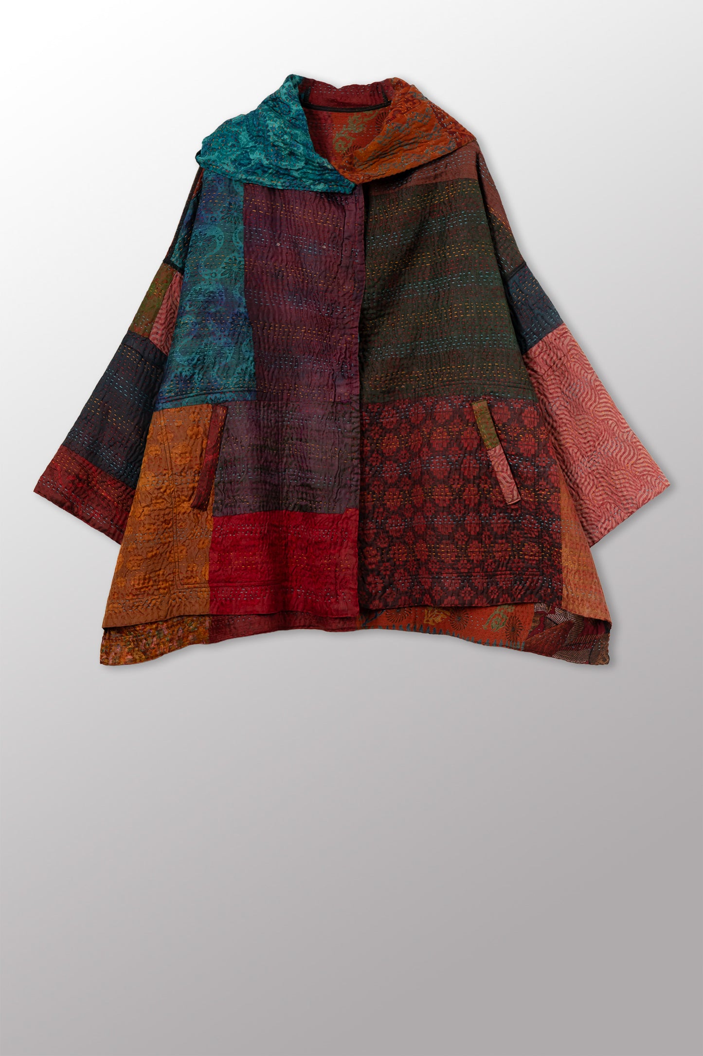 JACQUARD SILK KANTHA HOODIE PONCHO - js4064-cbrn002a -