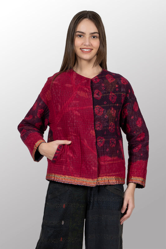 QUILTED OVERDYE COTTON KANTHA CREW NECK SHORT JKT - oq5053-cred002a -