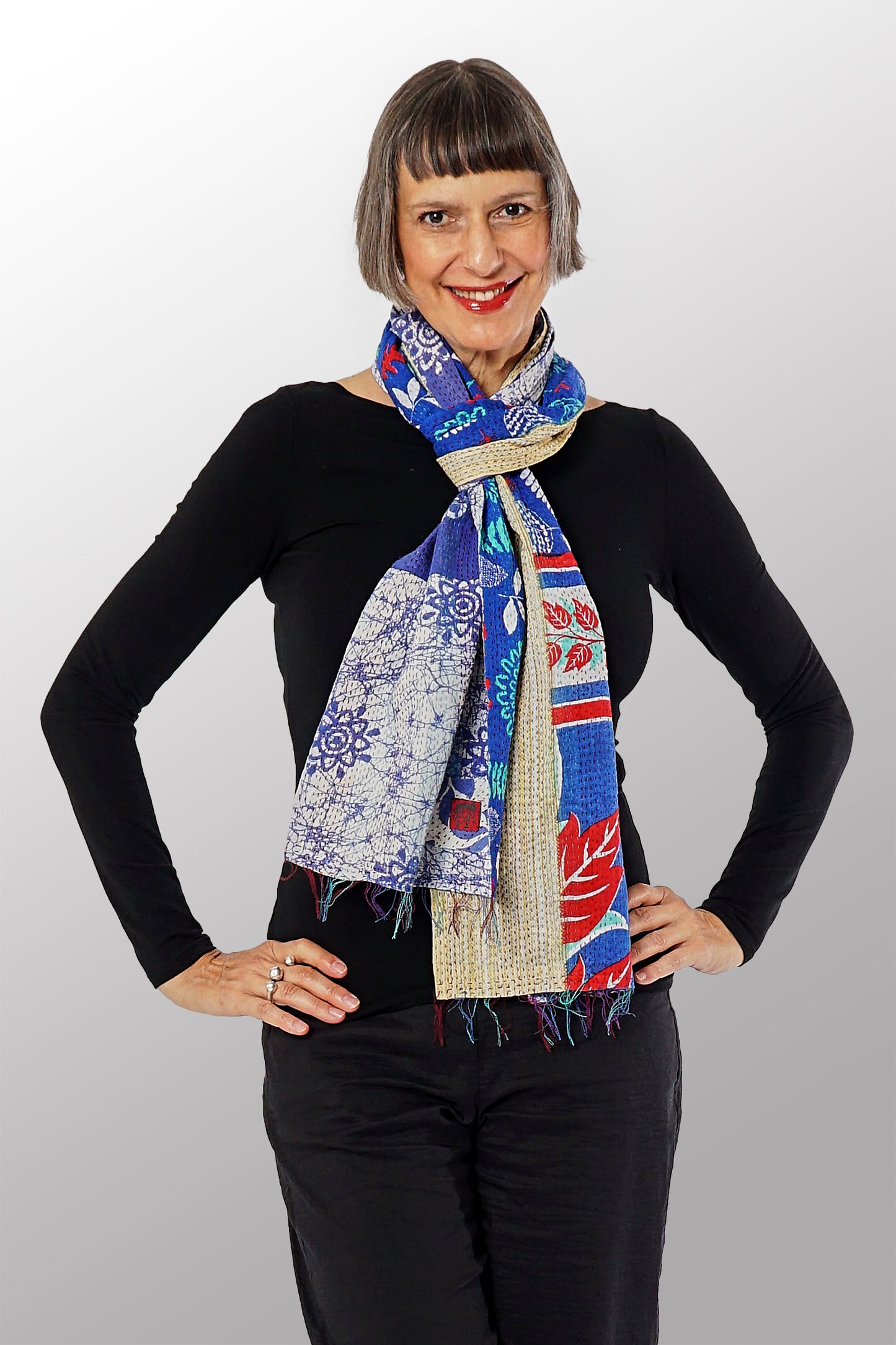 CV2805-CBLUA @VINTAGE COTTON KANTHA SCARF SHORT