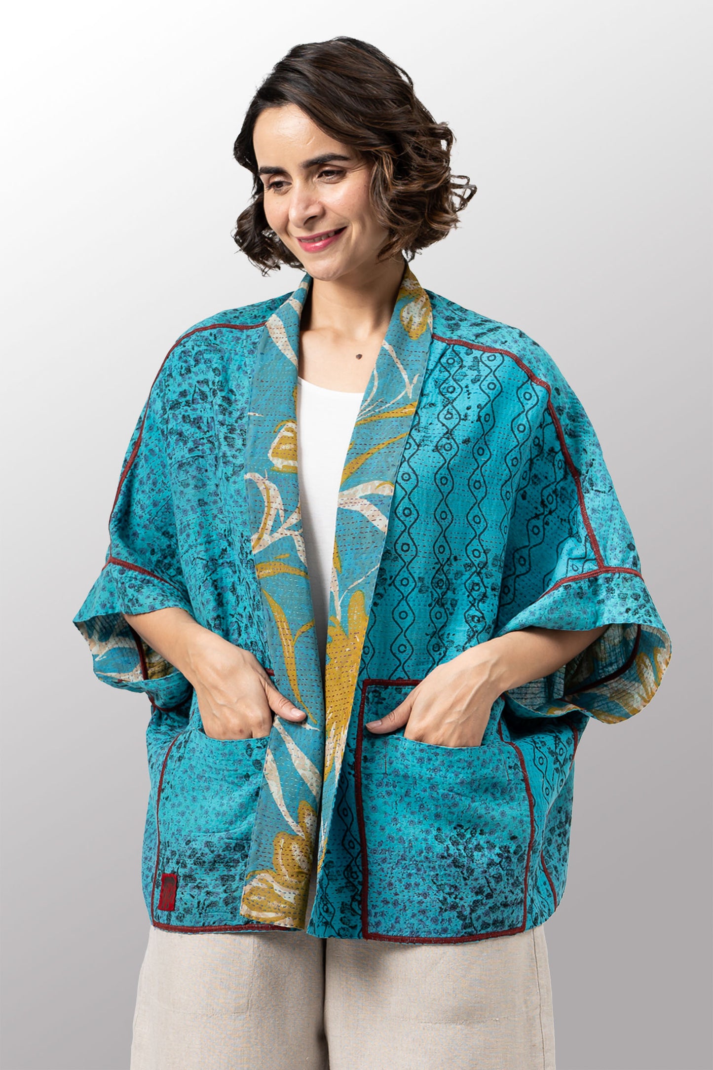 VINTAGE SILK GEORGETTE COTTON KANTHA MINI PONCHO - gc2060-0001a -