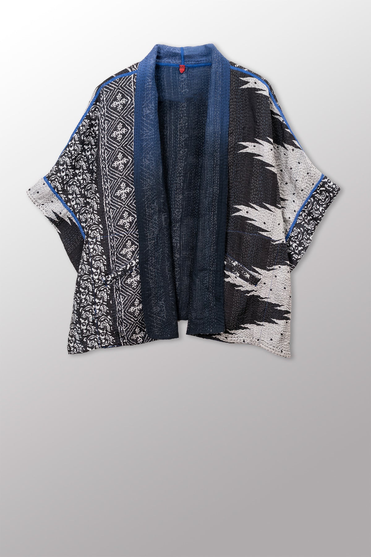 SILK COTTON OMBRE PRINT KANTHA MINI PONCHO - os2060-blk -