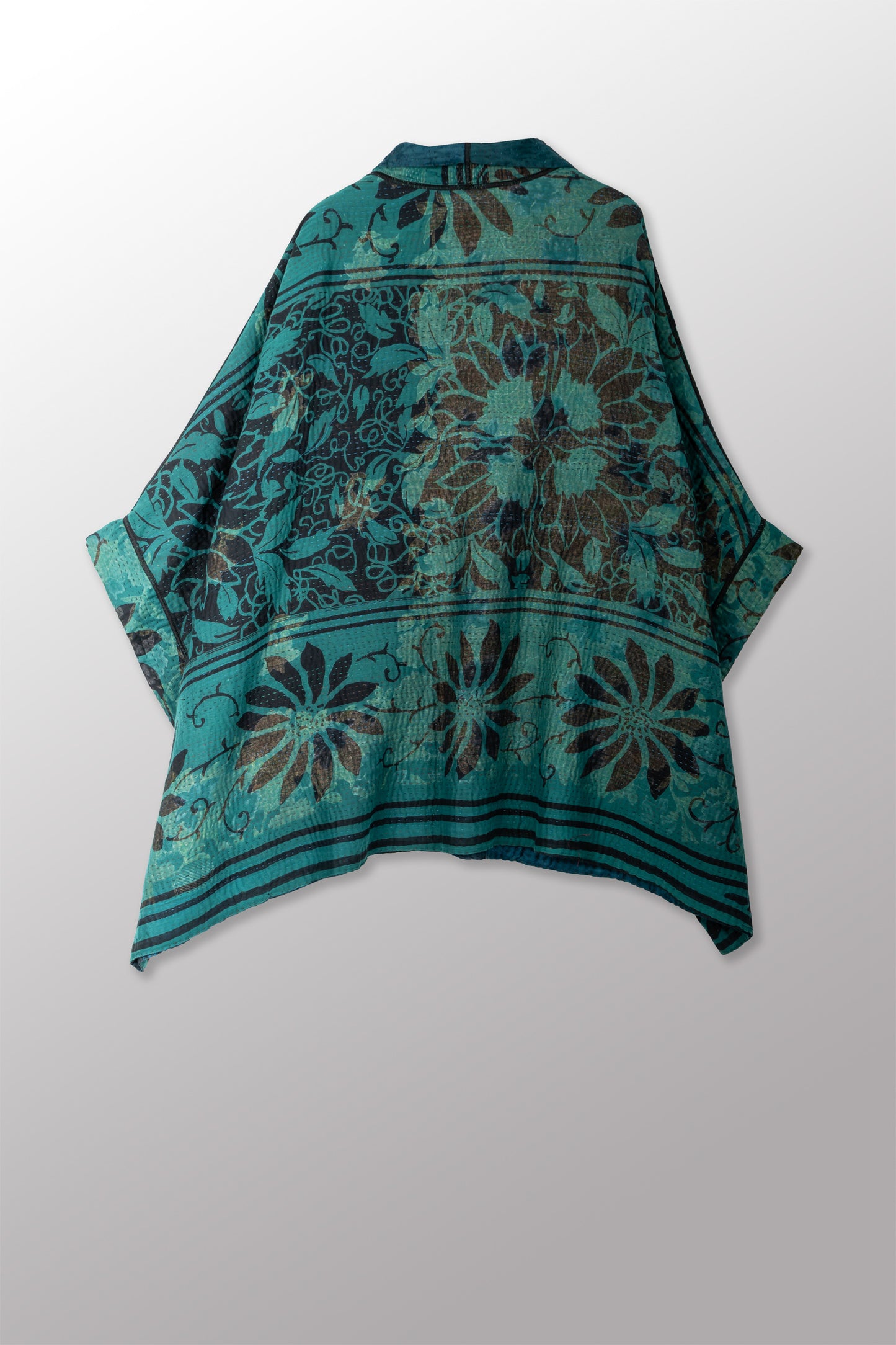 EMERALD GREEN KANTHA DOUBLE COLLAR PONCHO - eg4323-tel -