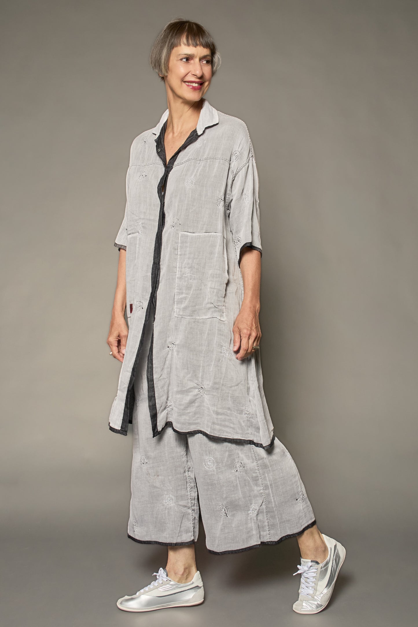 GAUZE SHIBORIGARMENT KANTHA 3/4 SLV. SHIRT DRESS - gg2464-blk -