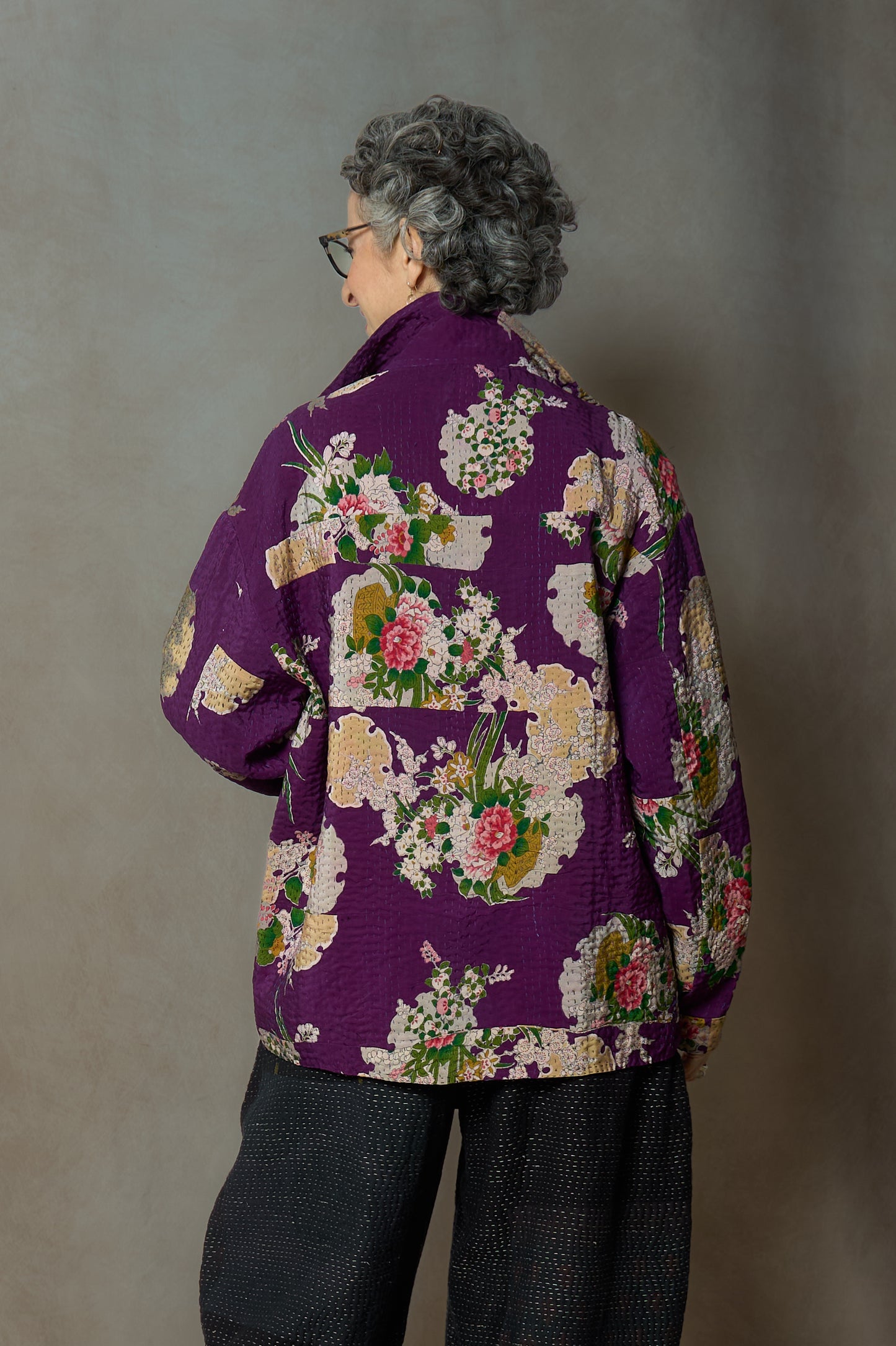 KIMONO WITH VINTAGE SILK KANTHA WORKERS JACKET - ks2085-0001s -