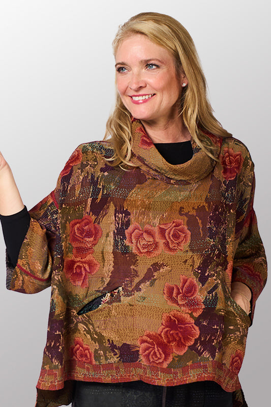 GEORGETTE JACQUARD VINTAGE SILK PATCH KANTHA COWL NECK PONCHO - gj2061-0002a -