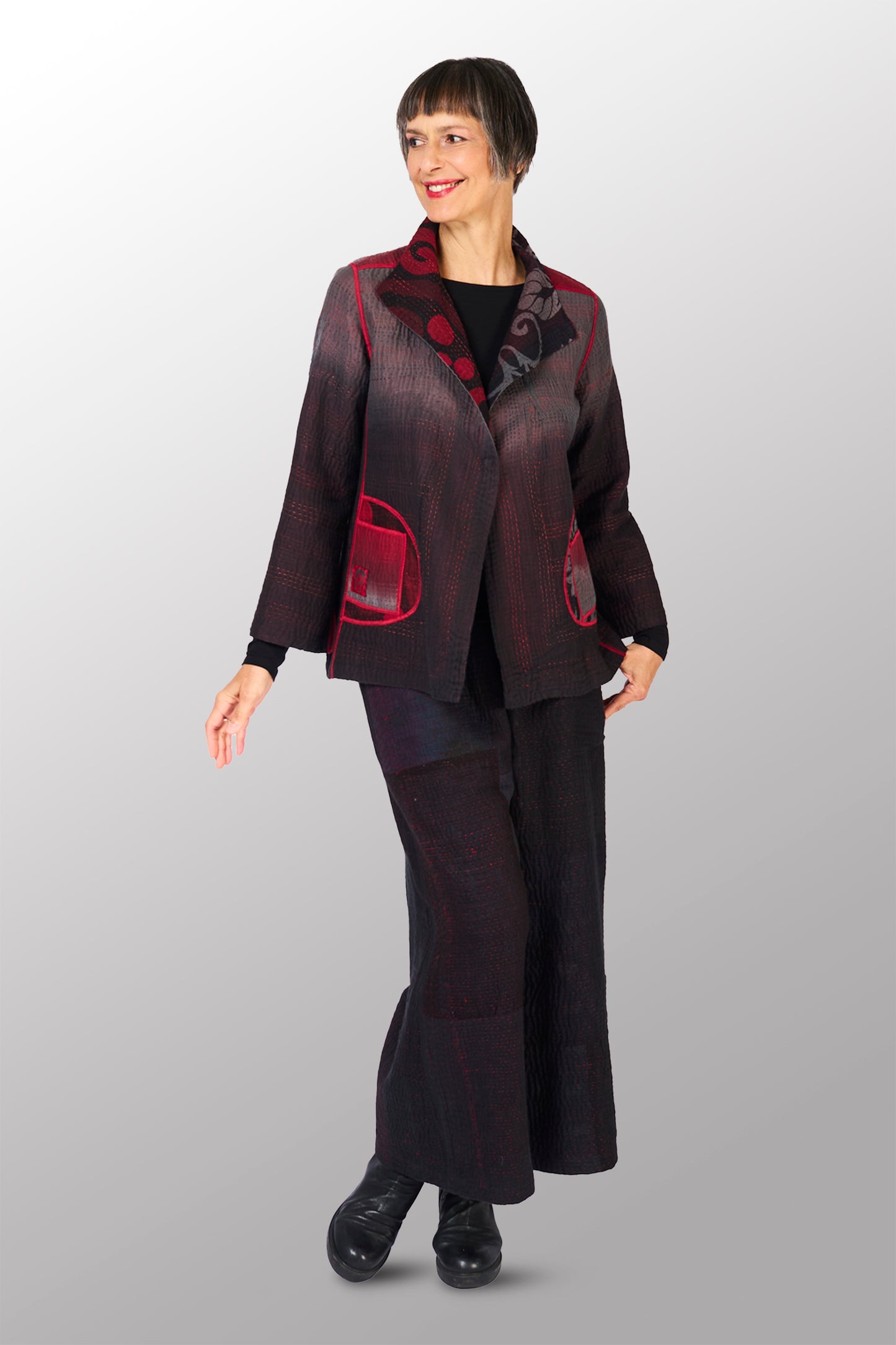 BIG PRINTED PATCH WITH OMBRE BACKING KANTHA SHORT JACKET - px4007-red -