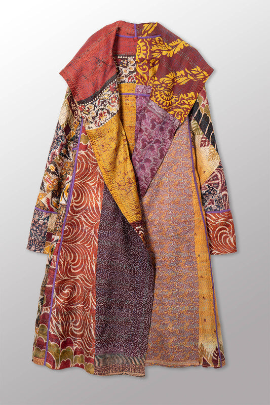 VINTAGE SILK KANTHA HOODED A-LINE LONG COAT - sv2306-0004a -