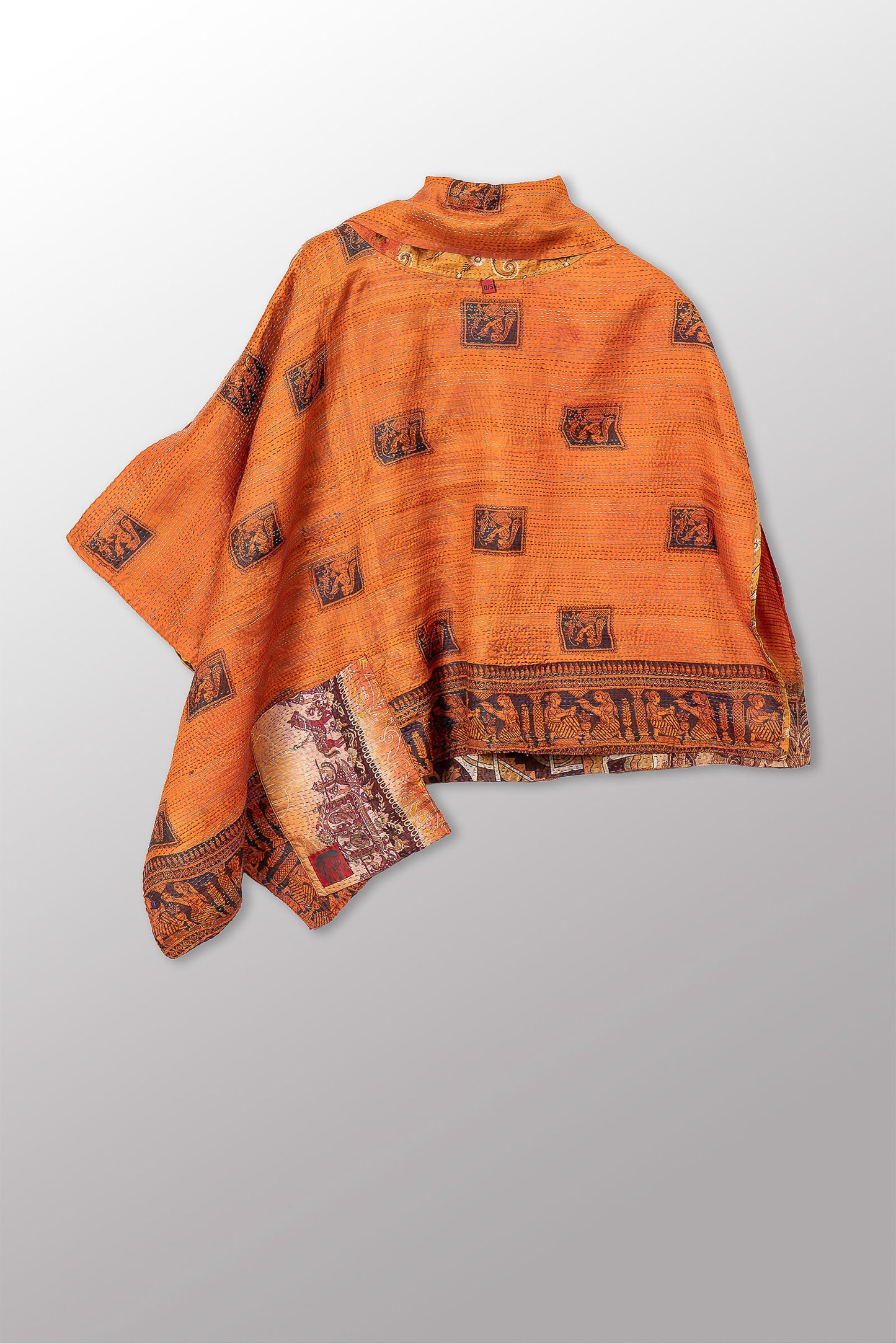 VINTAGE SILK KANTHA COWL NECK LONG CAPE - sv2842-0009a -