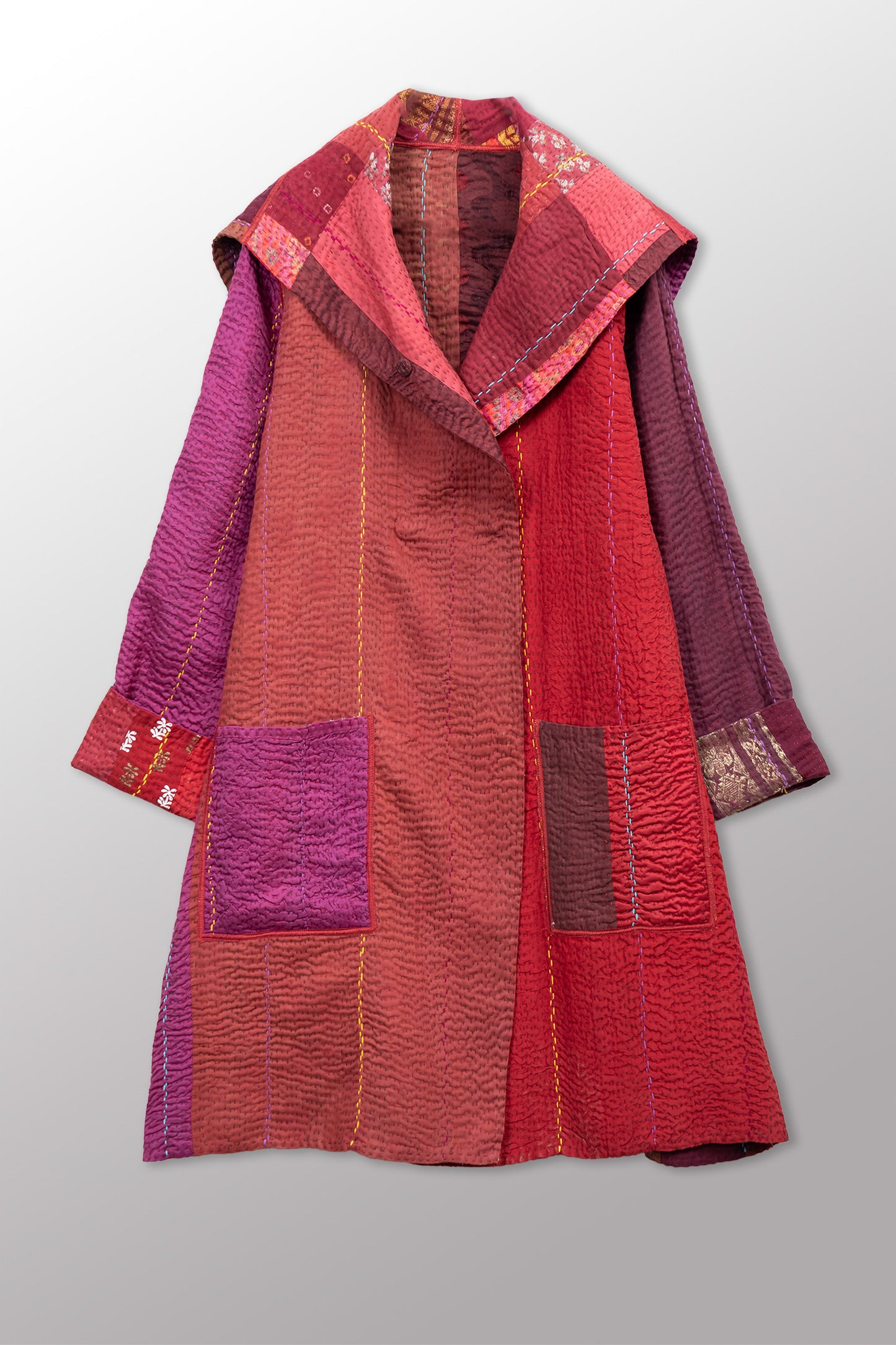 JEWEL WOVEN WITH VERTICAL PATCH KANTHA POCKET MEDIUM COAT - jv4316-red -