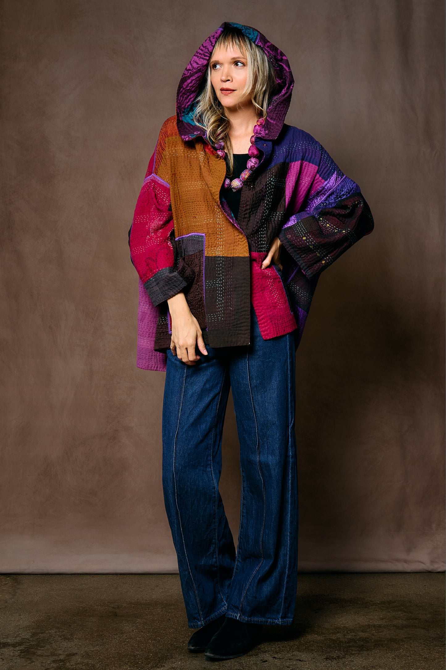 NIGHT FLOWERS KANTHA HOODIE PONCHO - nl4064-prp -