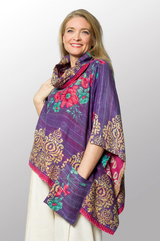 VINTAGE COTTON KANTHA COWL NECK LONG CAPE
