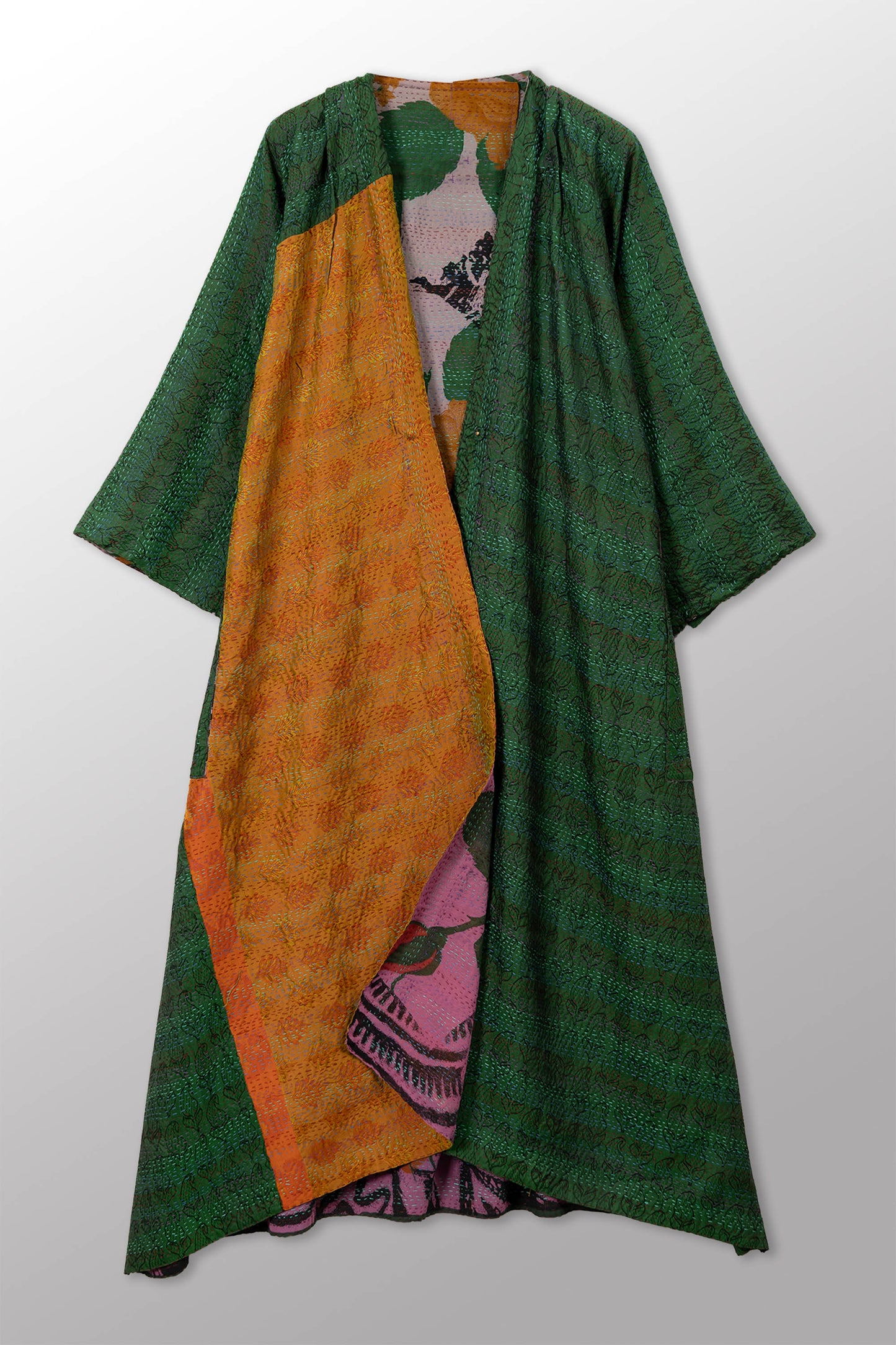 GEORGETTE JACQUARD VINTAGE SILK PATCH KANTHA KIMONO MAXI - gj2318-0001a -