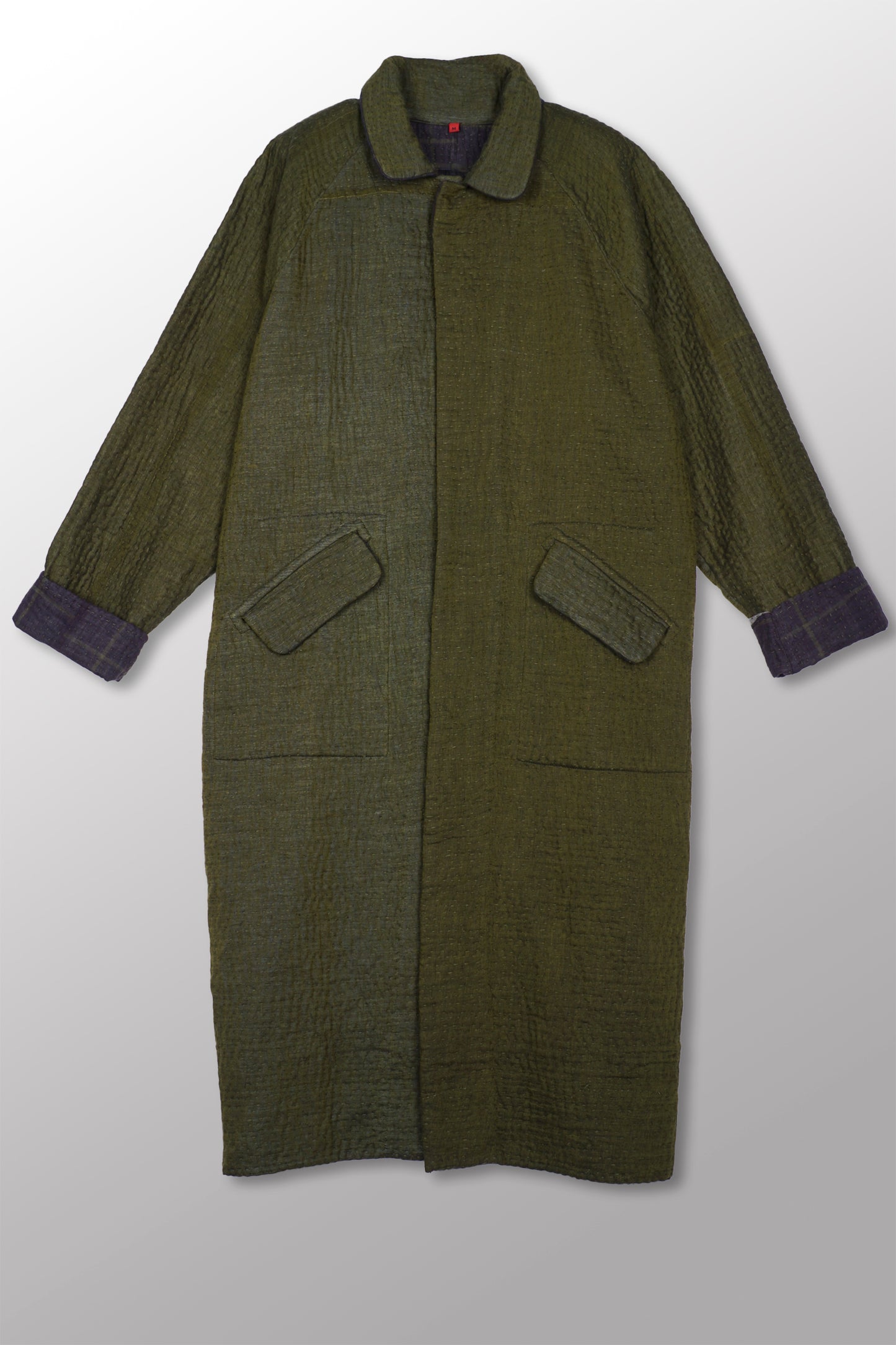 QUILTED VINTAGE COTTON WITH FLANNEL KANTHA RAGLAN SLEEVE COAT - fq5337-grn -