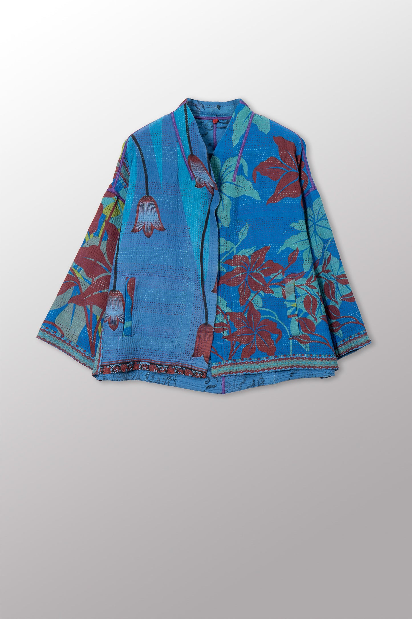 VINTAGE COTTON & NEW VOILE KANTHA STAND COLLAR CROPPED JACKET - cn2034-0003a -