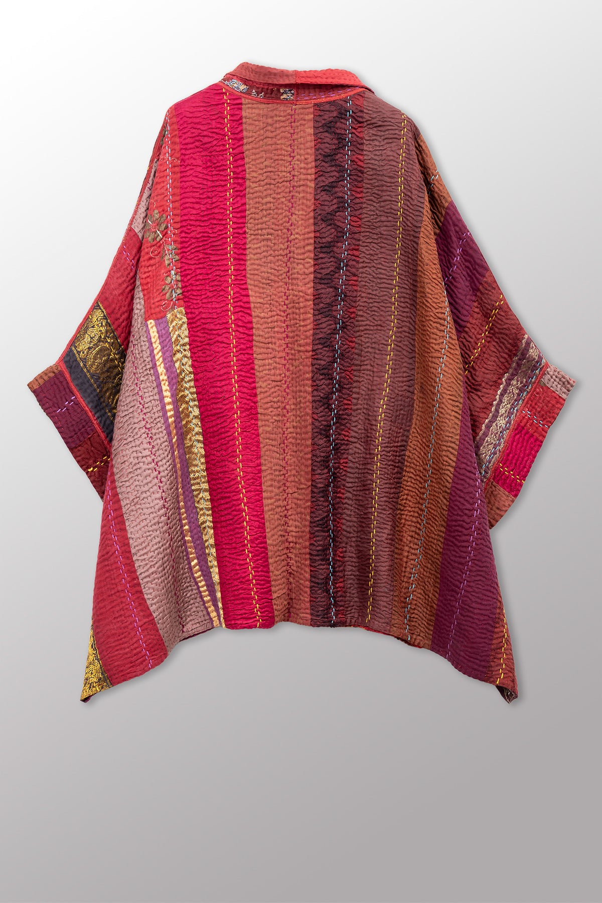 JEWEL WOVEN WITH VERTICAL PATCH KANTHA DOUBLE COLLAR PONCHO - jv4323-red -