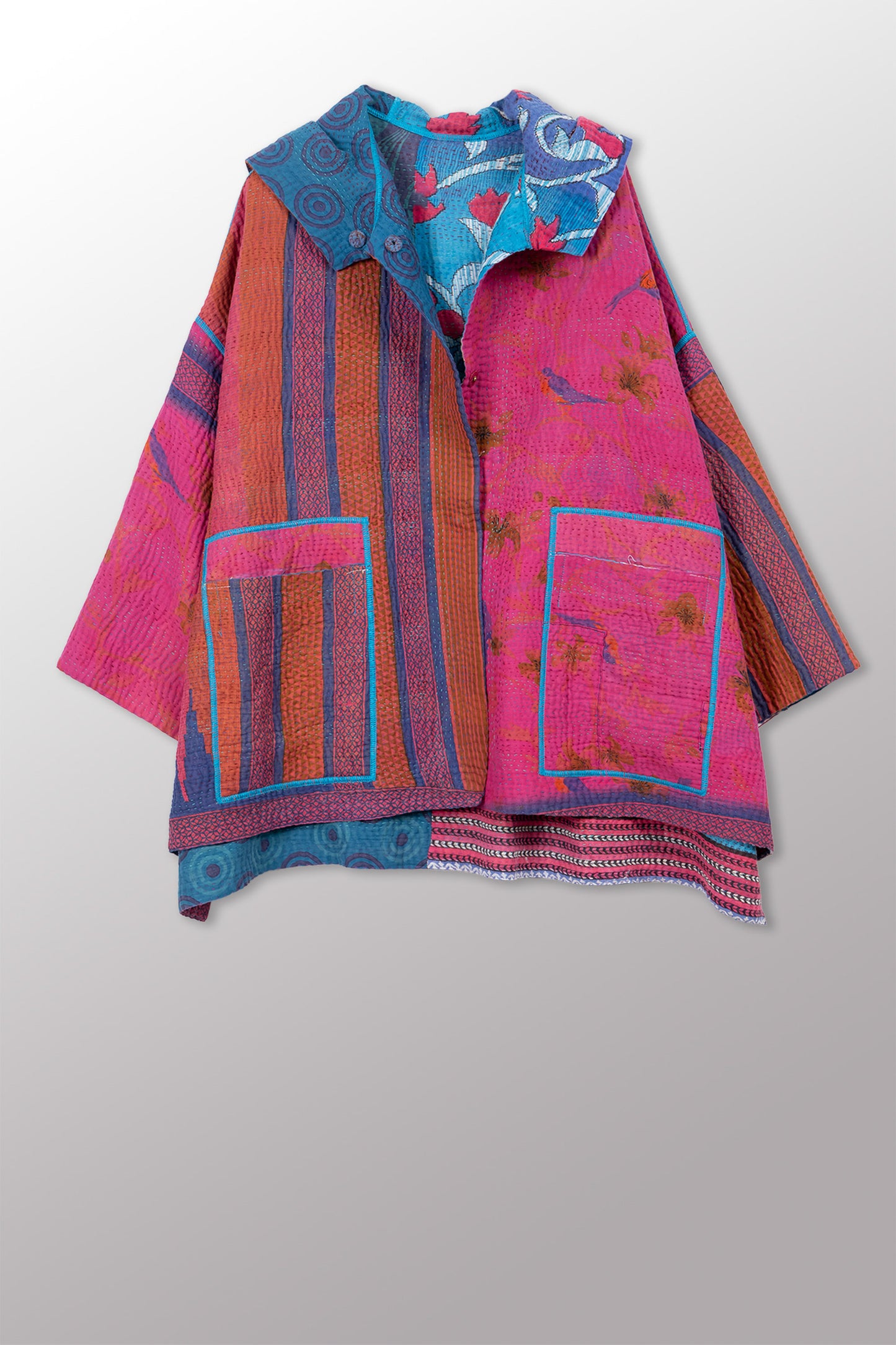 COTTON OVERDYE KANTHA HOODIE PONCHO - ov4064-corg010a -