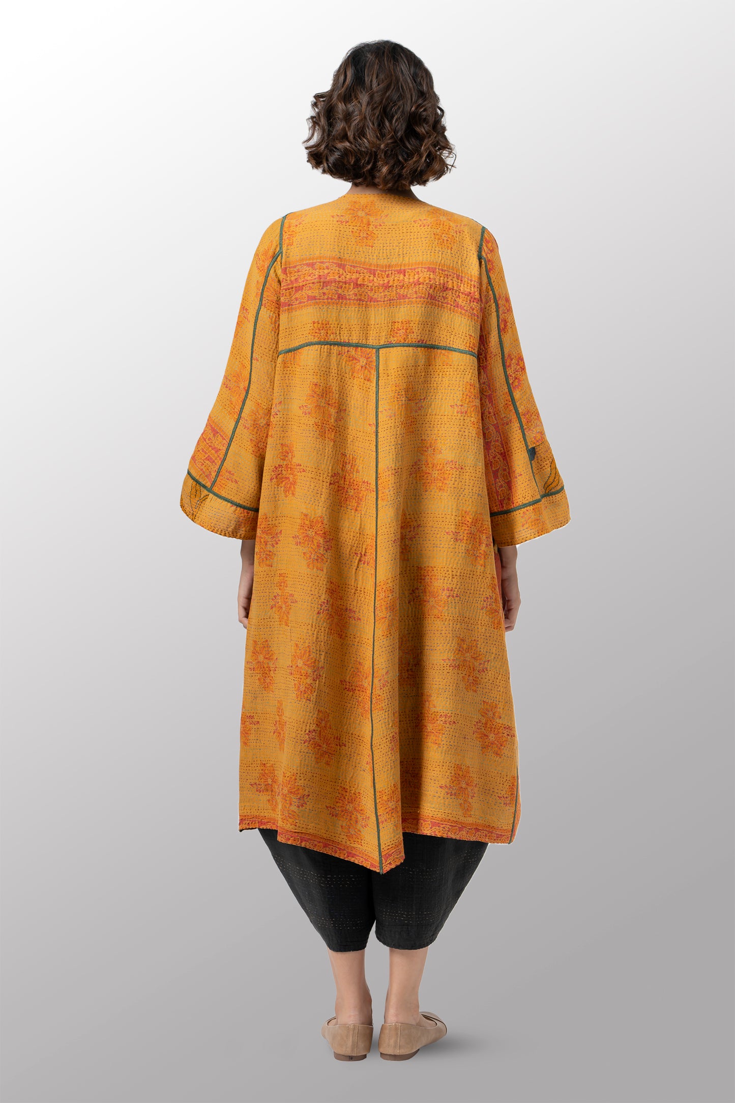 VINTAGE SILK GEORGETTE COTTON KANTHA WRAP FLARE COAT - gc2330-0001a -