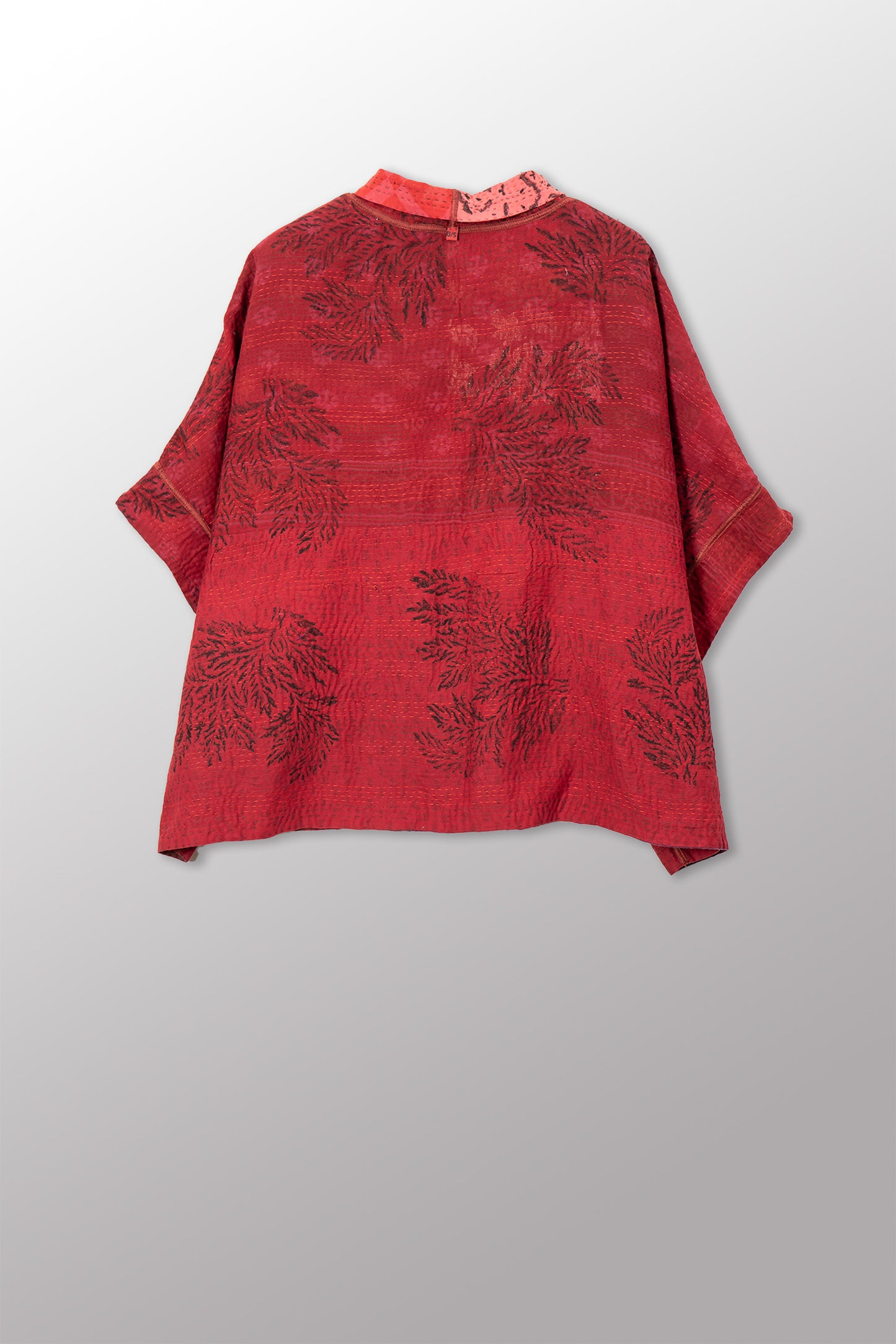 LANDSCAPE FRAYED PATCH KANTHA WITH STAMP MINI PONCHO - sp-lf2060-red -