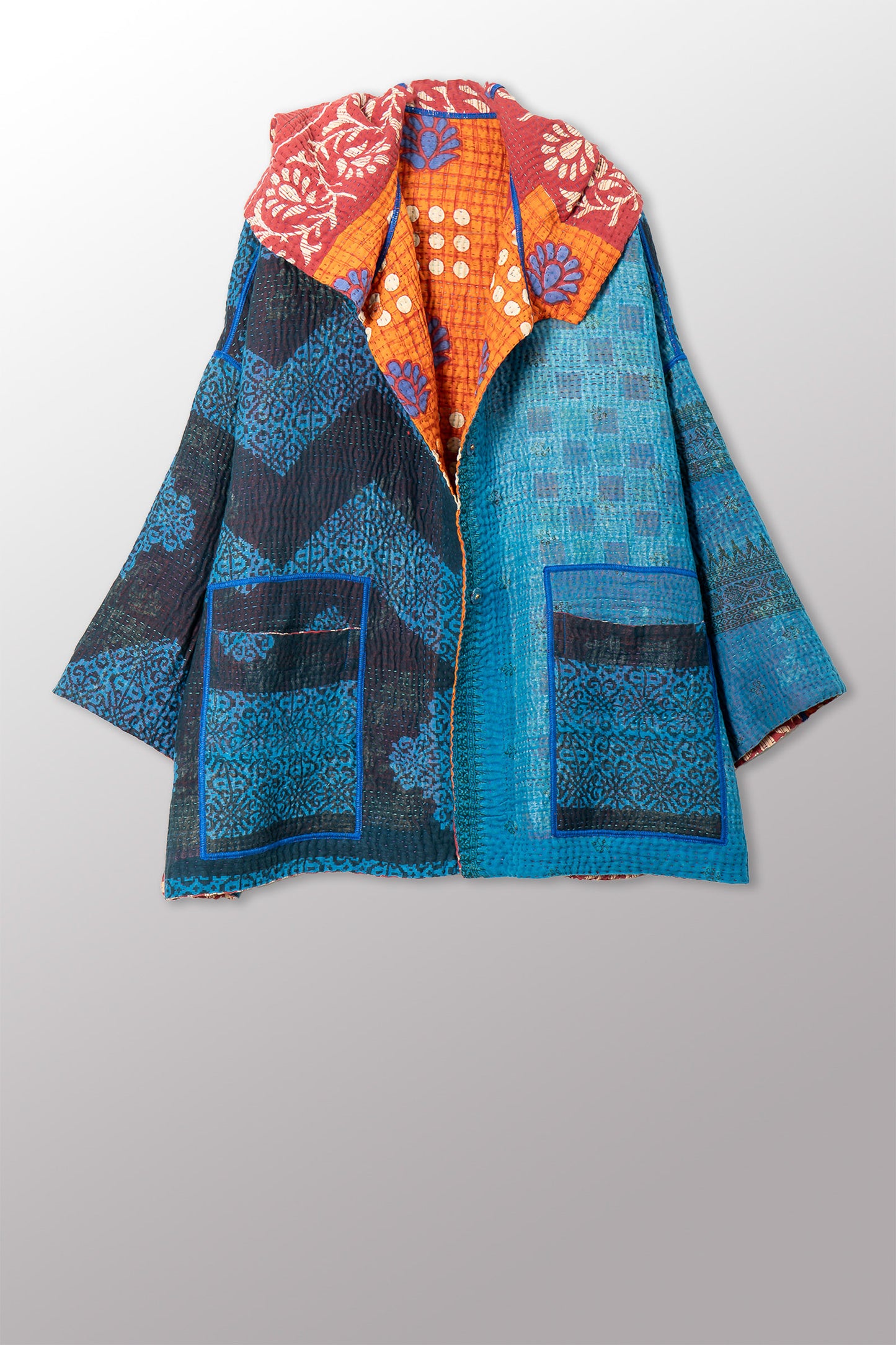 VINTAGE COTTON KANTHA HOODIE PONCHO - cv4064-0038a -