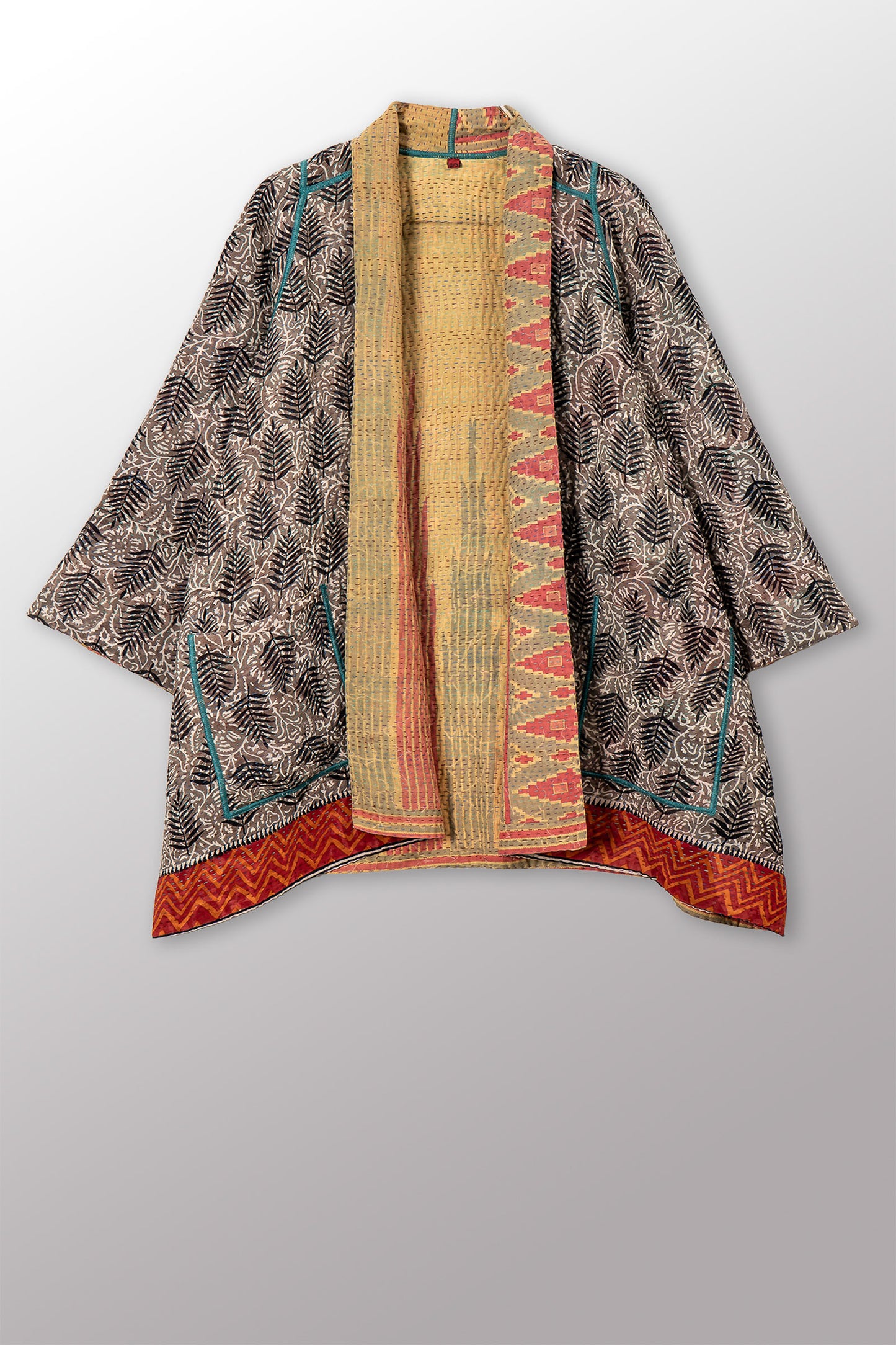 VINTAGE SILK GEORGETTE COTTON KANTHA A-LINE JACKET - gc4003-0002a -