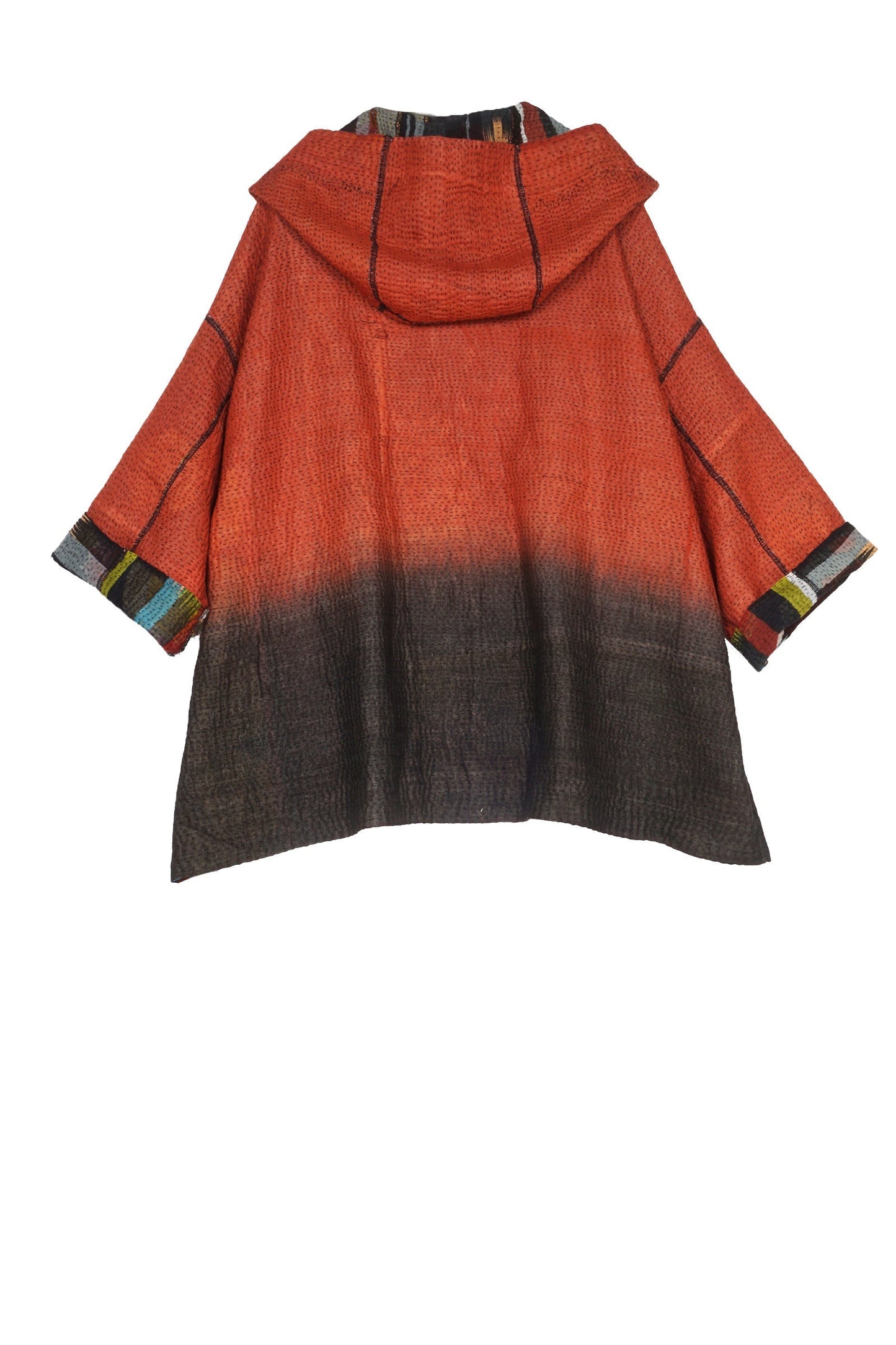 IKAT STRIPE KANTHA HOODIE PONCHO - is4064-red -