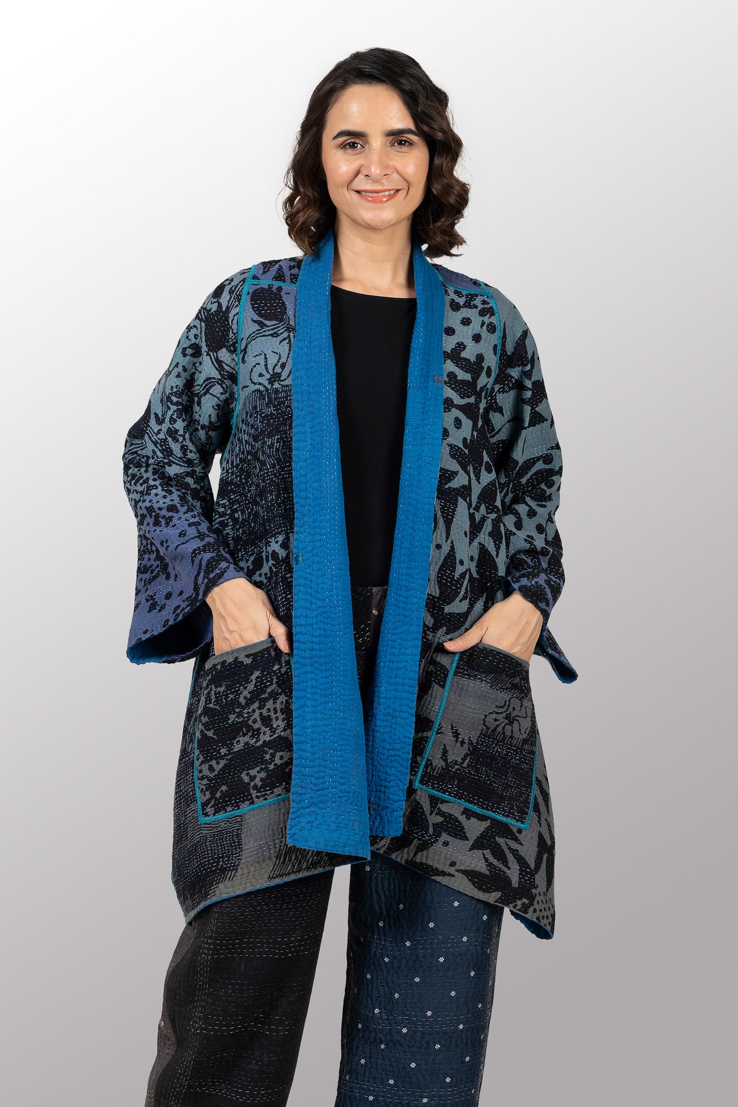 MONOTONE TWILIGHT PRINT KANTHA A-LINE JKT - tp4003-blu -