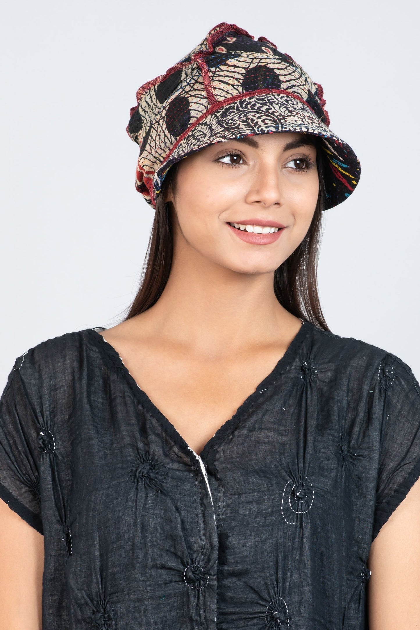 PATCHED & LEAVES KANTHA HALF BRIM HAT - pl2881-blk -