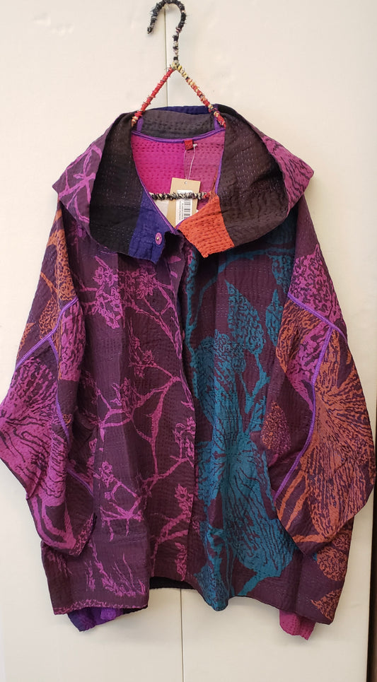 NIGHT FLOWERS KANTHA HOODIE PONCHO - nl4064-prp -