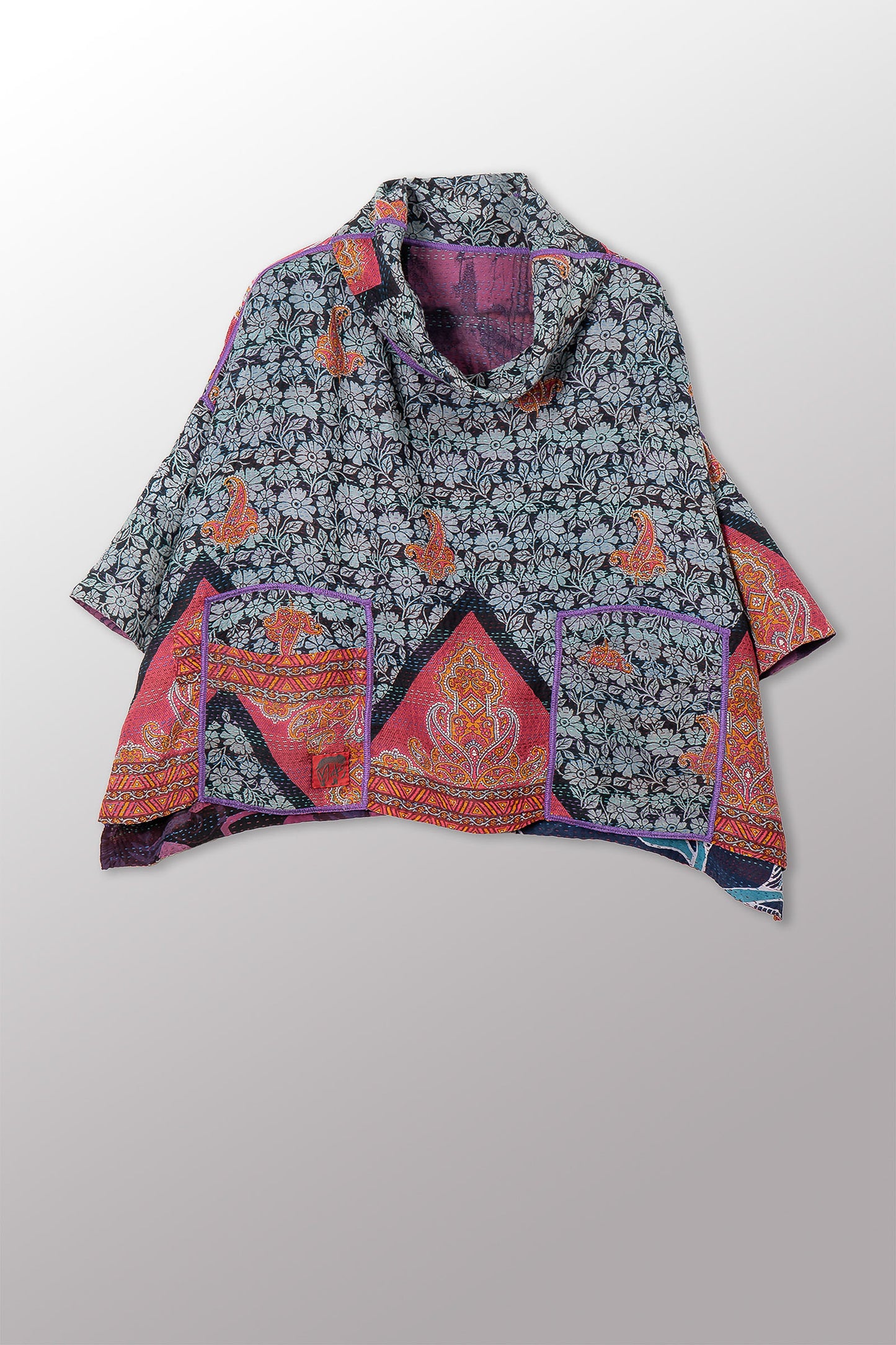 VINTAGE SILK GEORGETTE COTTON KANTHA COWL NECK PONCHO - gc2061-0003a -