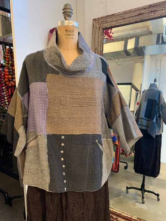 FRAYED PATCH KANTHA COWL NECK PONCHO - fi4061-glk -