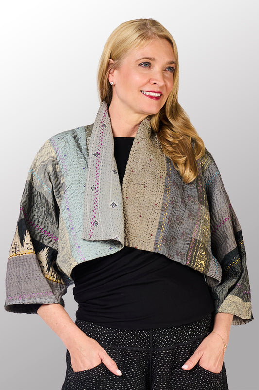JEWEL WOVEN WITH VERTICAL PATCH KANTHA PUFF SLV. SHRUG - jv4062-gry -