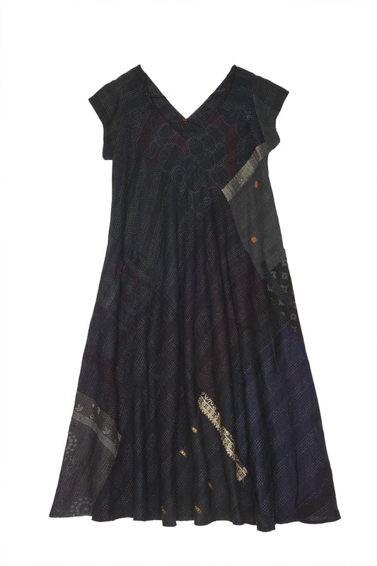 COTTON SILK SW PATCH KANTHA CAP SLV. FLARE DRESS - ws2425-blk -