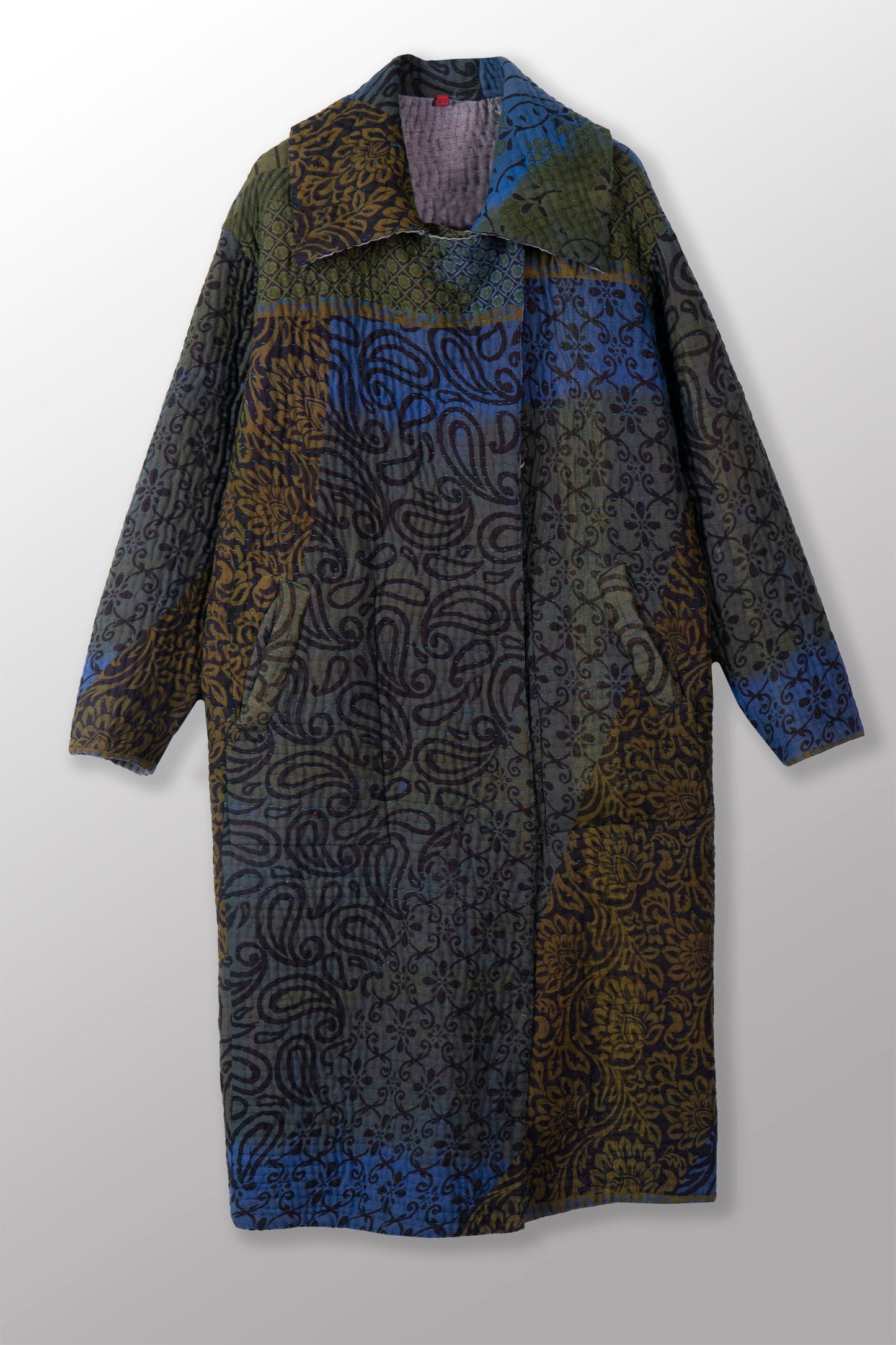 QUILTED OVERDYE COTTON KANTHA DOUBLE BREST LONG COAT - oq5340-cblu002a -