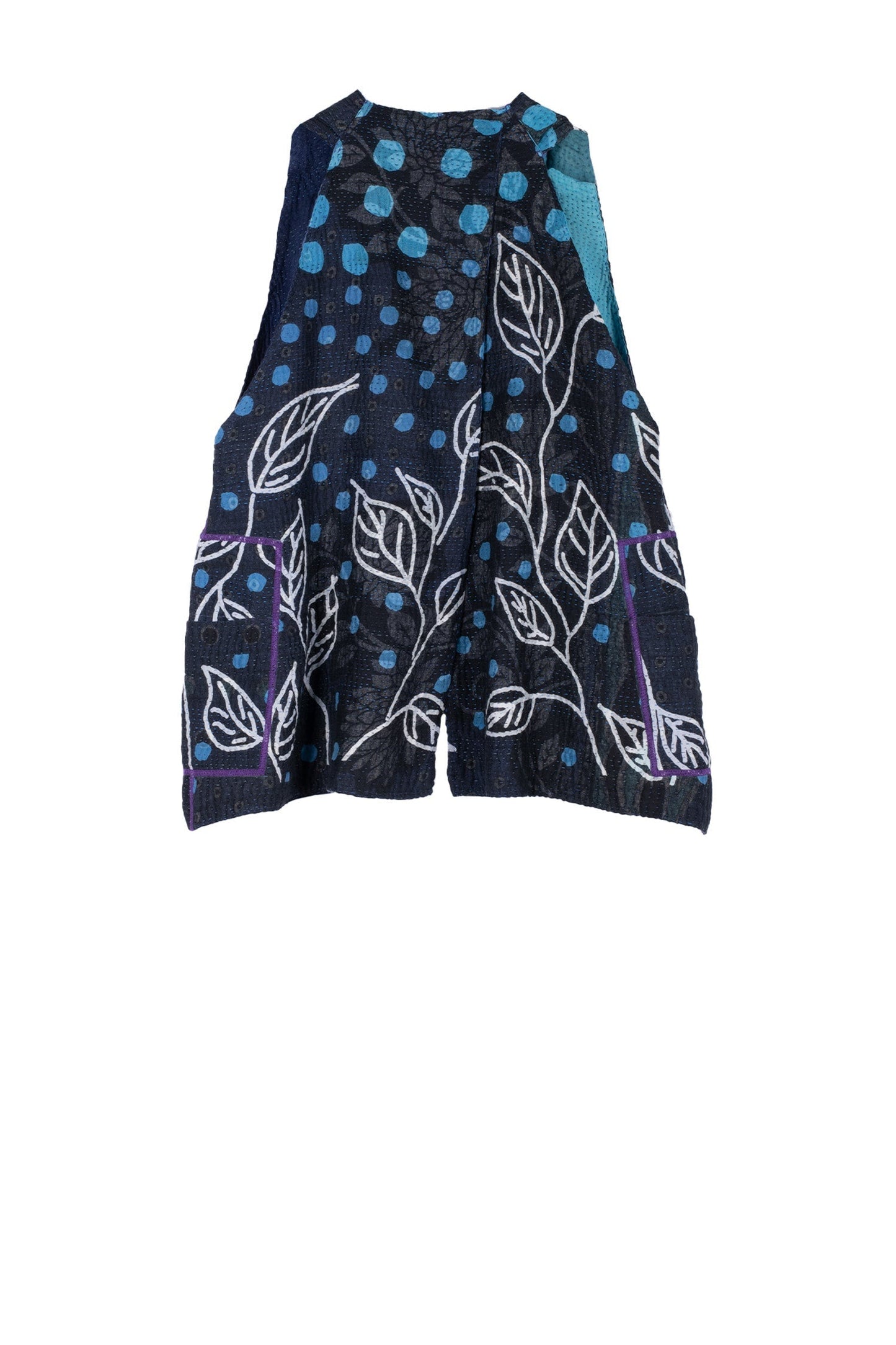 POLKA DOTS & LEAVES KANTHA BACK PLEATED VEST SHORT - dl4223-blu -