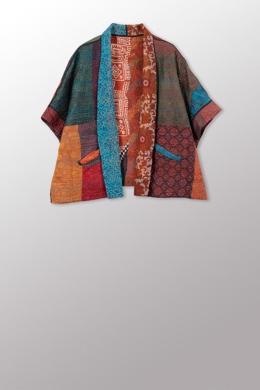 JACQUARD SILK KANTHA MINI PONCHO - js4060-cbrn002a -