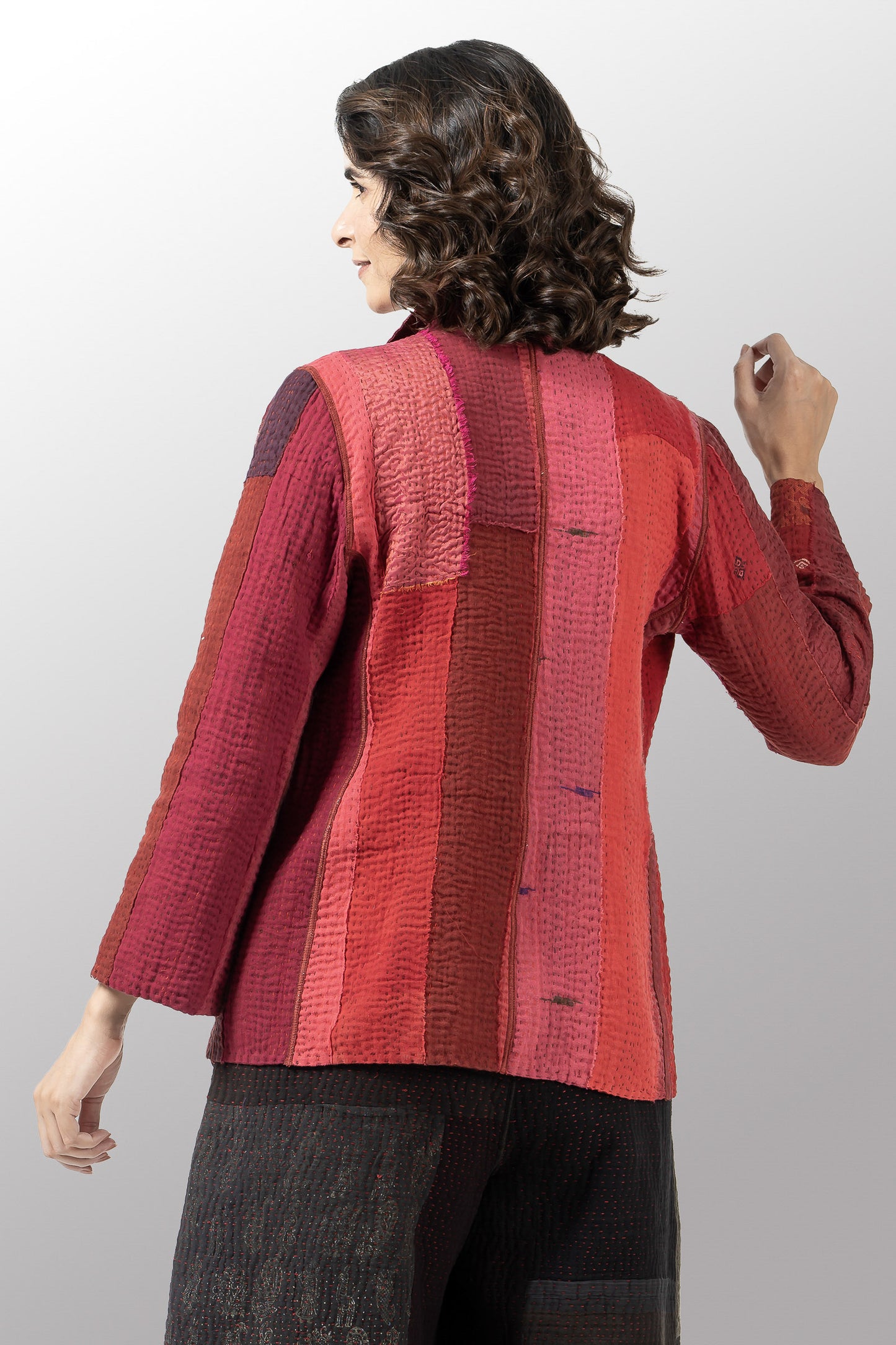 STRIPE AND CHECK COTTON SILK PATCH KANTHA SHORT JACKET - ss4007-red -