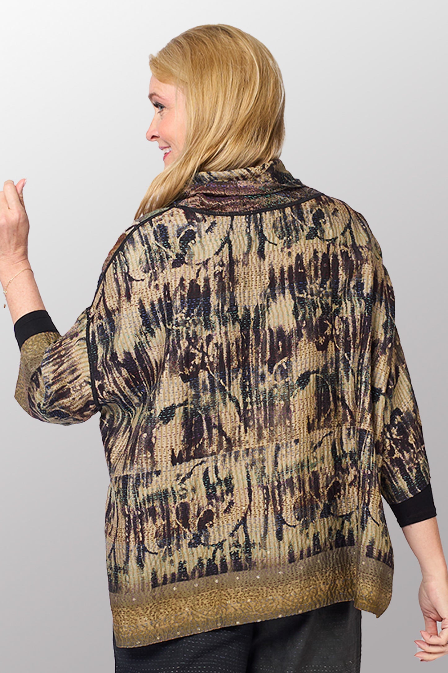 GEORGETTE JACQUARD VINTAGE SILK PATCH KANTHA COWL NECK PONCHO - gj2061-0001a -