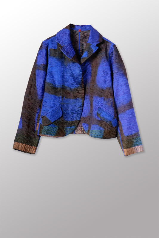 VINTAGE JACQUARD CLAMP DYE WITH PRINTED SILK KANTHA CROPPED BASIC JACKET - jk4096-0002m -