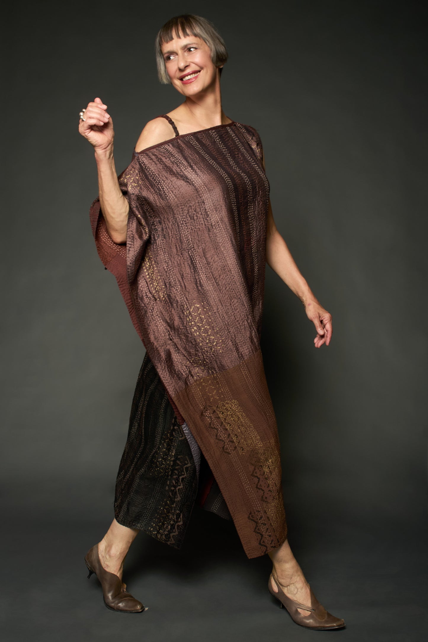 HALF SILK PATCH KANTHA ASYMMETRIC TUBE DRESS - hs2472-brn -