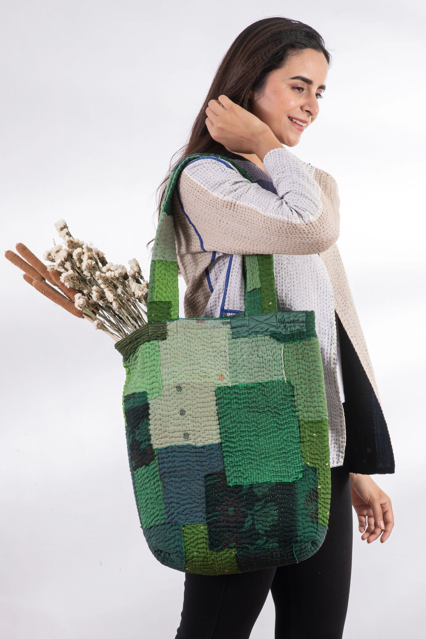 Landscape Handmade Vintage Kantha Tote Bag -Green