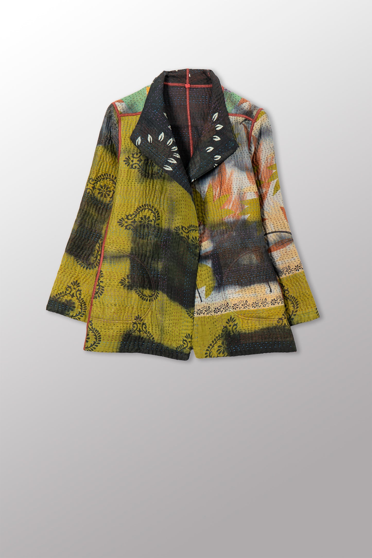 VINTAGE COTTON GREY CLAMP TIE DYE KANTHA SHORT JACKET - su4007-0001s -