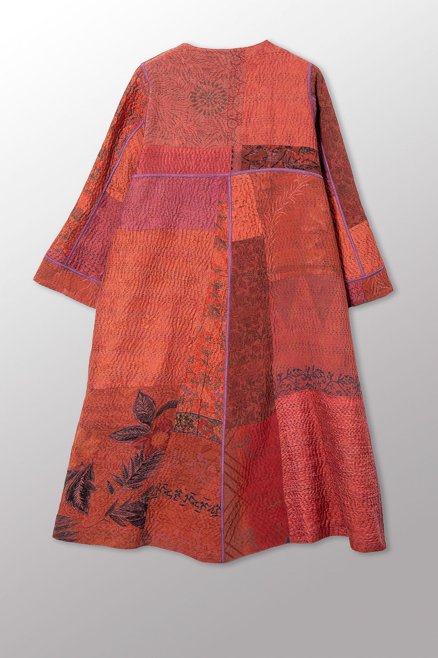 GEORGETTE JACQUARD VINTAGE SILK PATCH KANTHA WRAP FLARE COAT - gj4330-org -