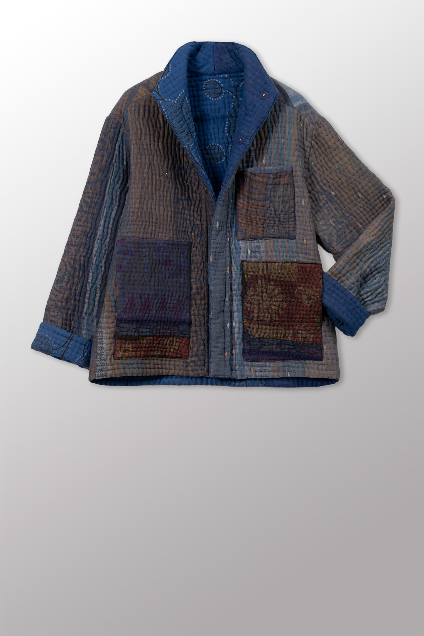 QUILTED OVERDYE COTTON KANTHA MEN'S BLOUSON - oq5040-cblu003m -