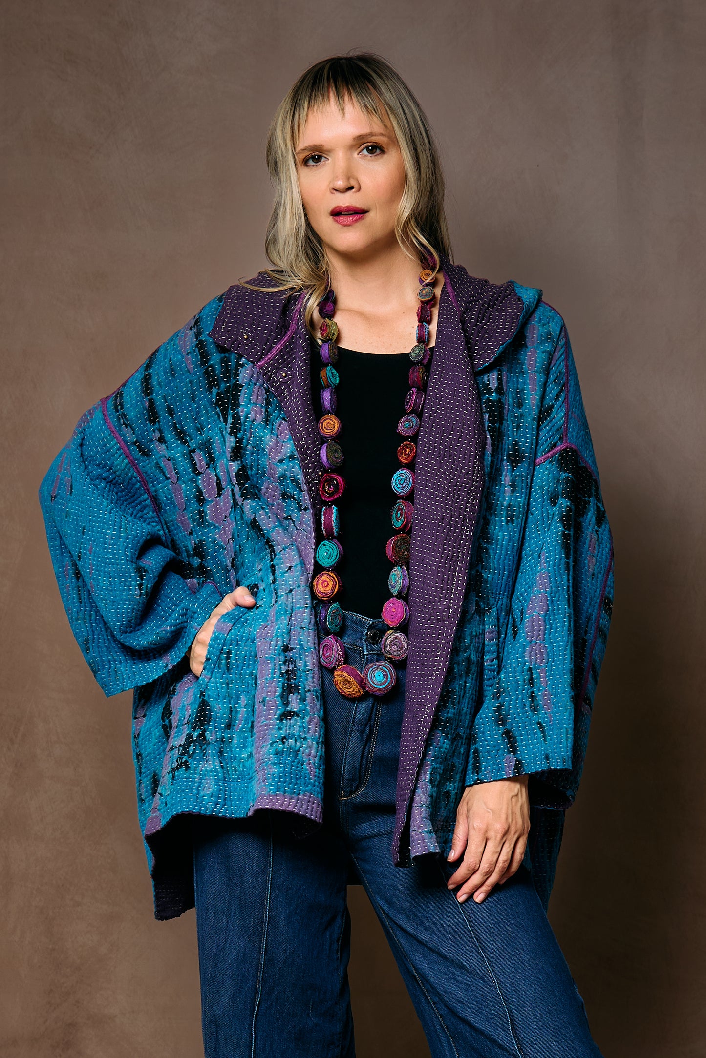 MONE SHIBORI TIE DYE KANTHA HOODIE PONCHO - ms5064-tuq -