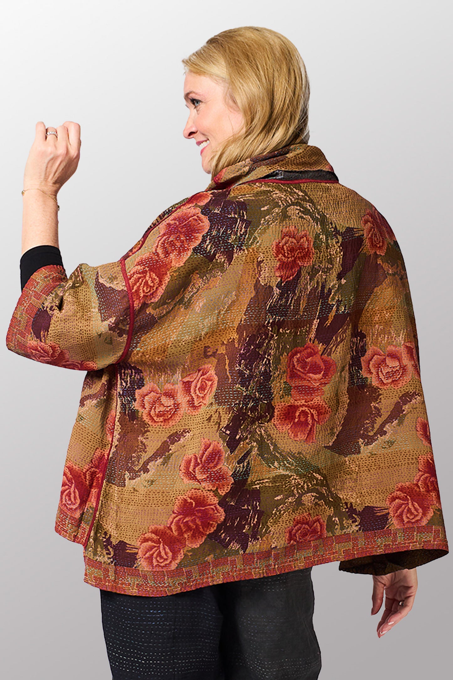 GEORGETTE JACQUARD VINTAGE SILK PATCH KANTHA COWL NECK PONCHO - gj2061-0002a -