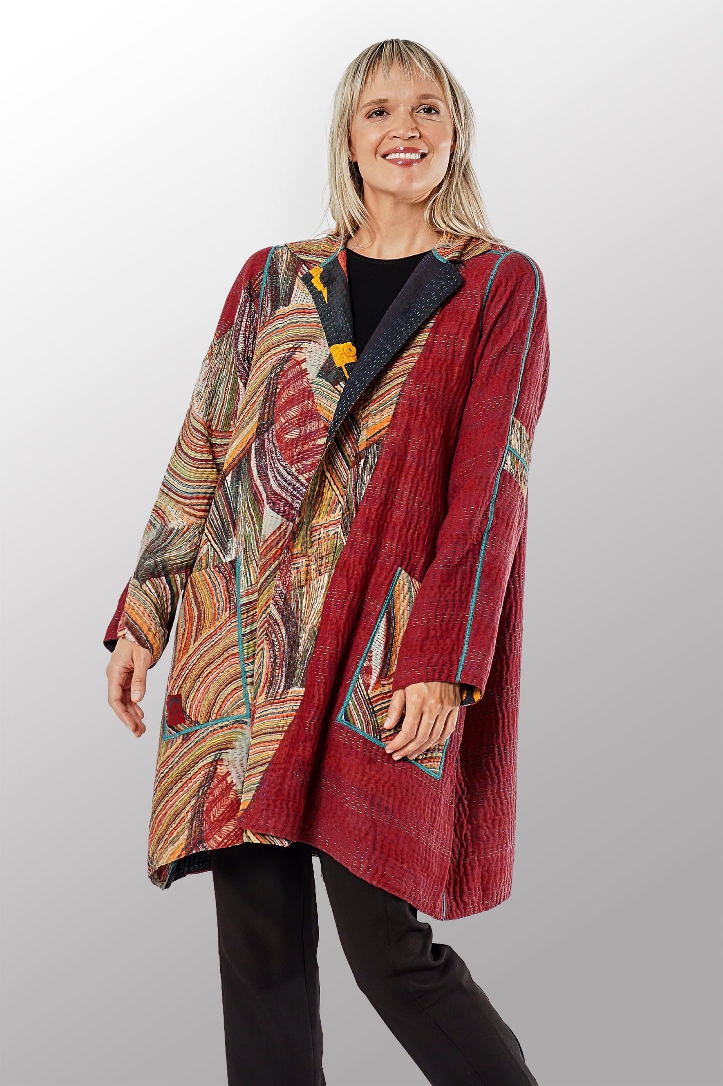 VINTAGE COTTON KANTHA A-LINE DUSTER - cv4311-0104a -