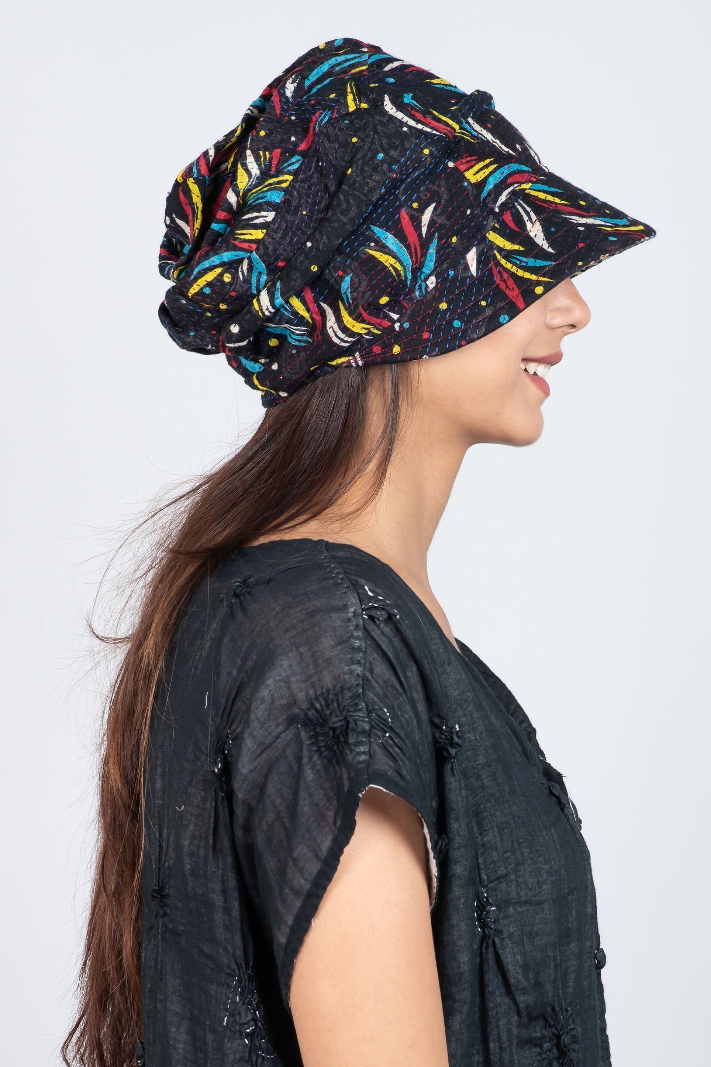 PATCHED & LEAVES KANTHA HALF BRIM HAT - pl2881-blk -