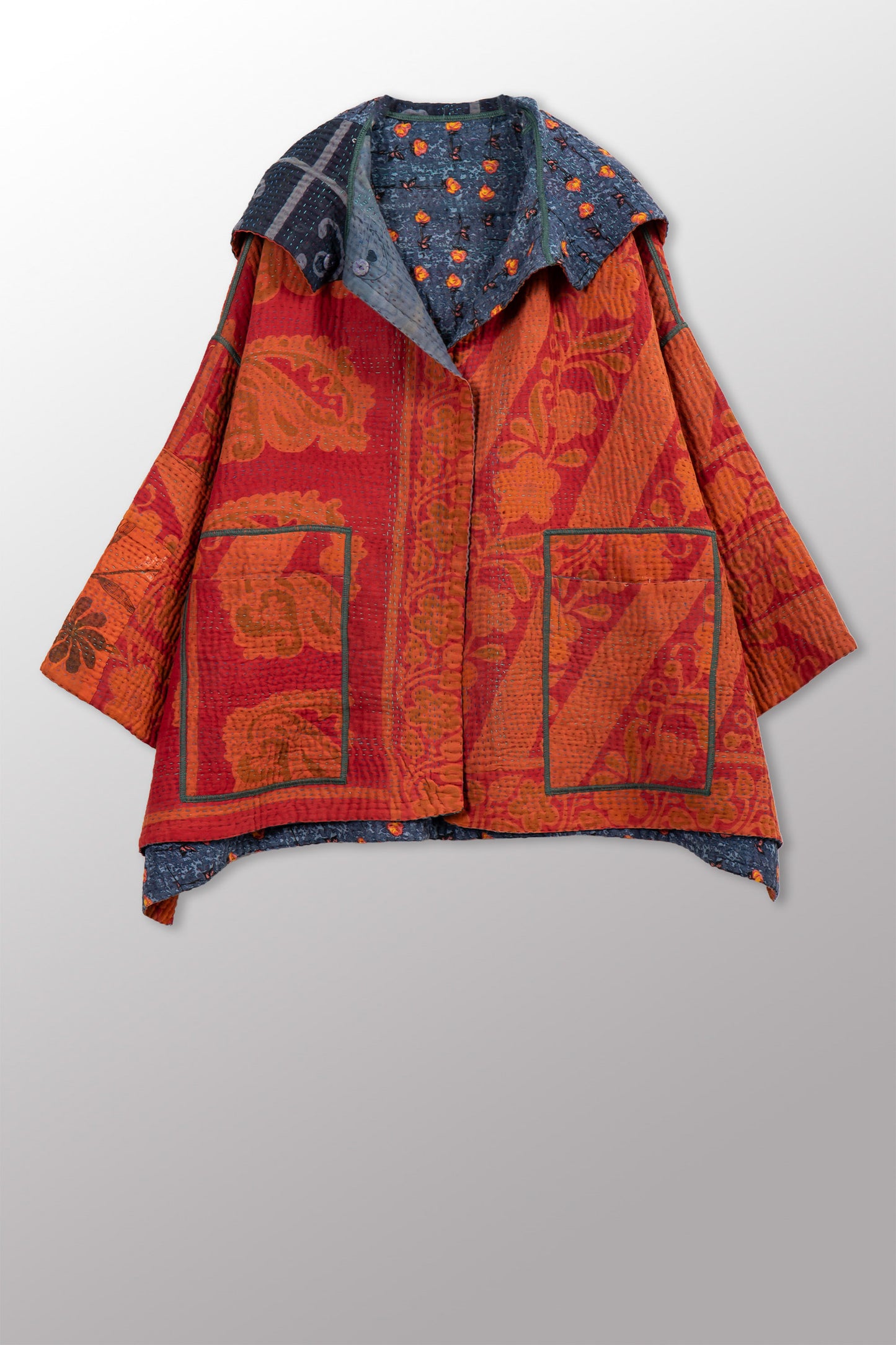 COTTON OVERDYE KANTHA HOODIE PONCHO - ov4064-corg011a -