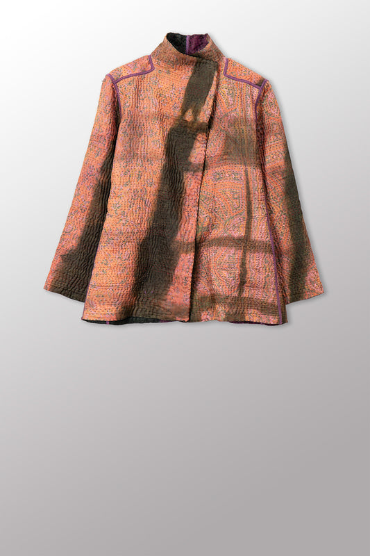 VINTAGE PRINTED SILK CLAMP DYE WITH JACQUARD KANTHA SHORT JACKET - sk4007-0001m -