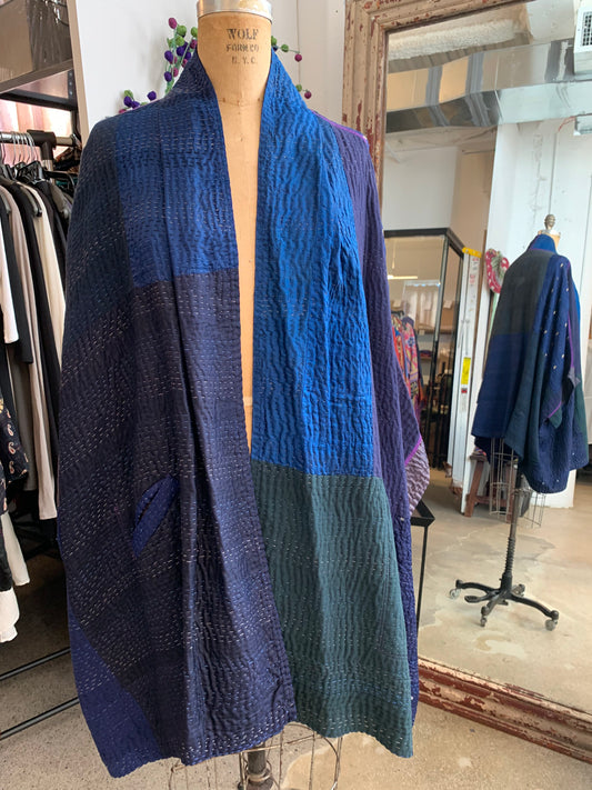 JAIPUR PATCH KANTHA DOUBLE COLLAR PONCHO - jp4323-nvy -